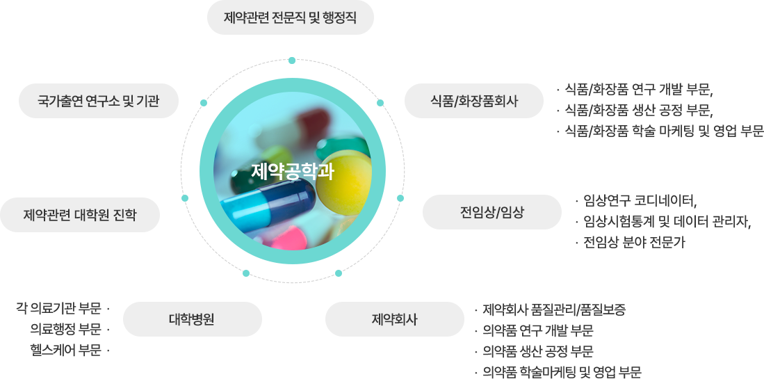 제약관련 전문직 및 행정직, 식품화장품회사, 식품/화장품 연구 개발 부문, 식품/화장품 생산 공정 부문, 식품/화장품 학술 마케팅 및 영업 부문, 전임상/임상, 임상연구 코디네이터, 임상시험통계 및 데이터 관리자, 전임상 분야 전문가, 제약회사, 제약회사 품질관리/품질보증, 의약품 연구 개발 부문, 의약품 생산 공정 부문, 의약품 학술마케팅 및 영업 부문, 대학병원, 각 의료기관 부문, 의료행정 부문, 헬스케어 부문, 제약관련 대학원 진학, 국가출연 연구소 및 기관